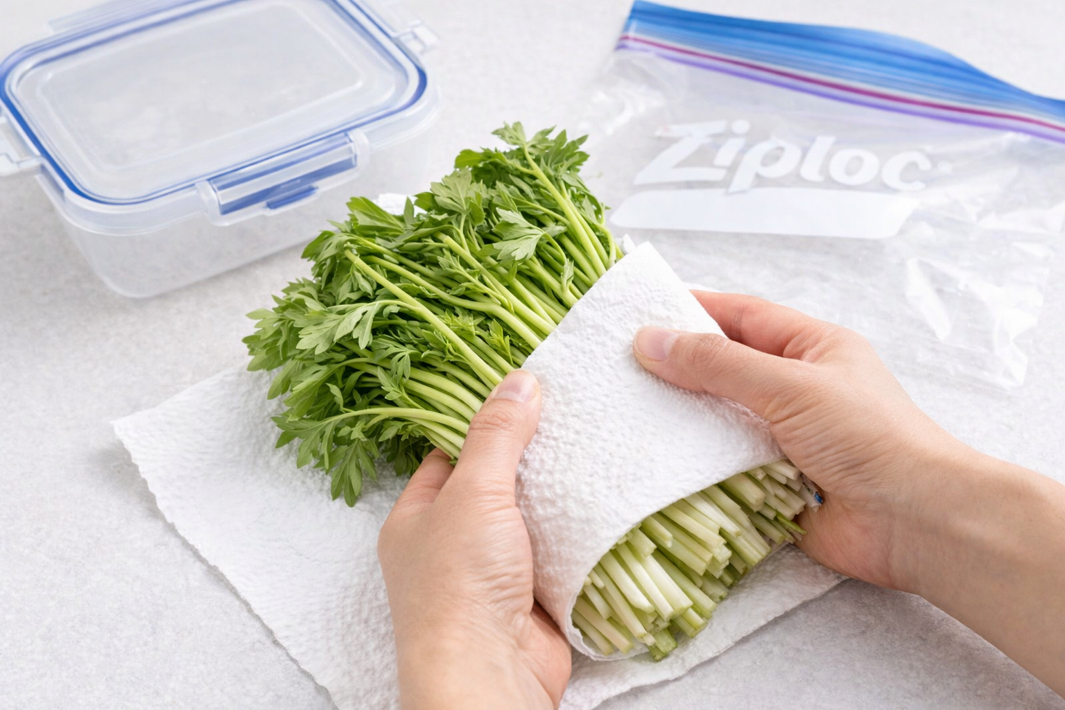 미나리를 종이타월로 감싸 냉장 보관 준비를 하는 모습