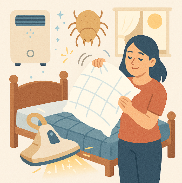 침구를 정리하고 진드기 제거를 위한 청소를 하는 여성 – 공기청정기와 진드기 일러스트로 실내 알레르기 예방 강조