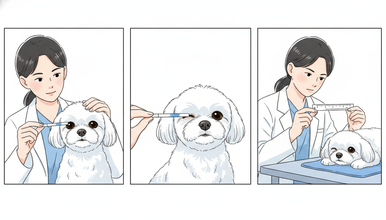 수의사가 강아지에게 쉬르머 눈물량 검사를 하는 세 단계의 이미지. 눈물띠를 삽입하고 결과를 확인하는 모습.