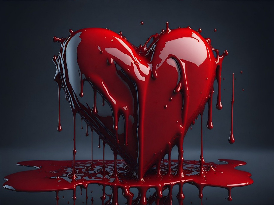 하트모양에서 붉은 피가 줄줄 흘러서 검은 바닥을 흥건히 적시고 있는 것을 찍은 이미지 사진