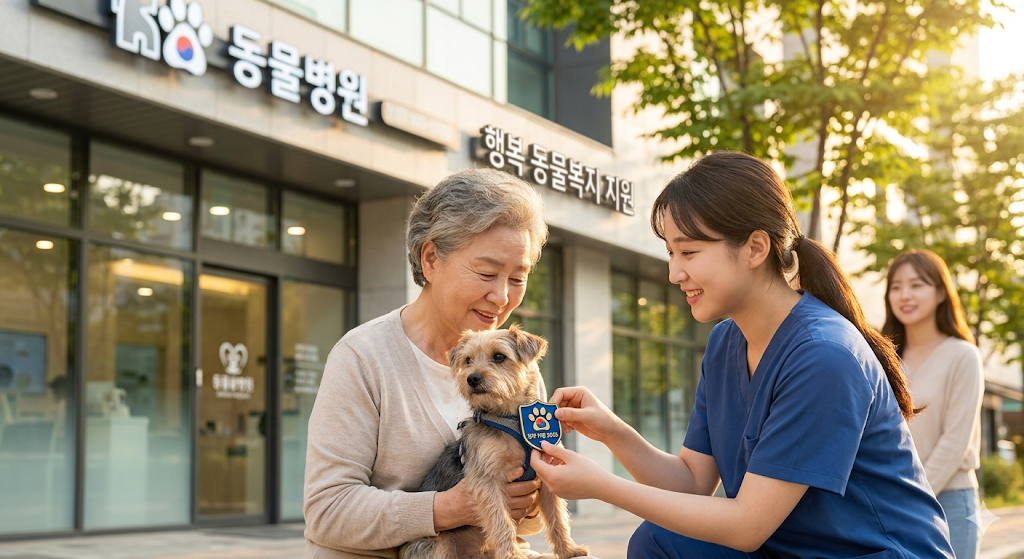 반려동물 의료비 지원을 받고 행복해하는 보호자와 강아지의 모습