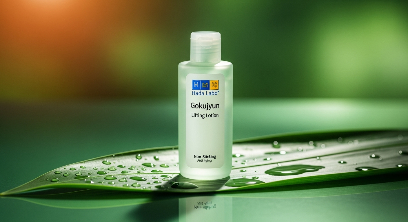 싱그러운 초록 배경에 놓인 하다라보 고쿠쥰 리프팅 로션과 수분 방울. 촉촉하고 산뜻한 사용감을 강조.