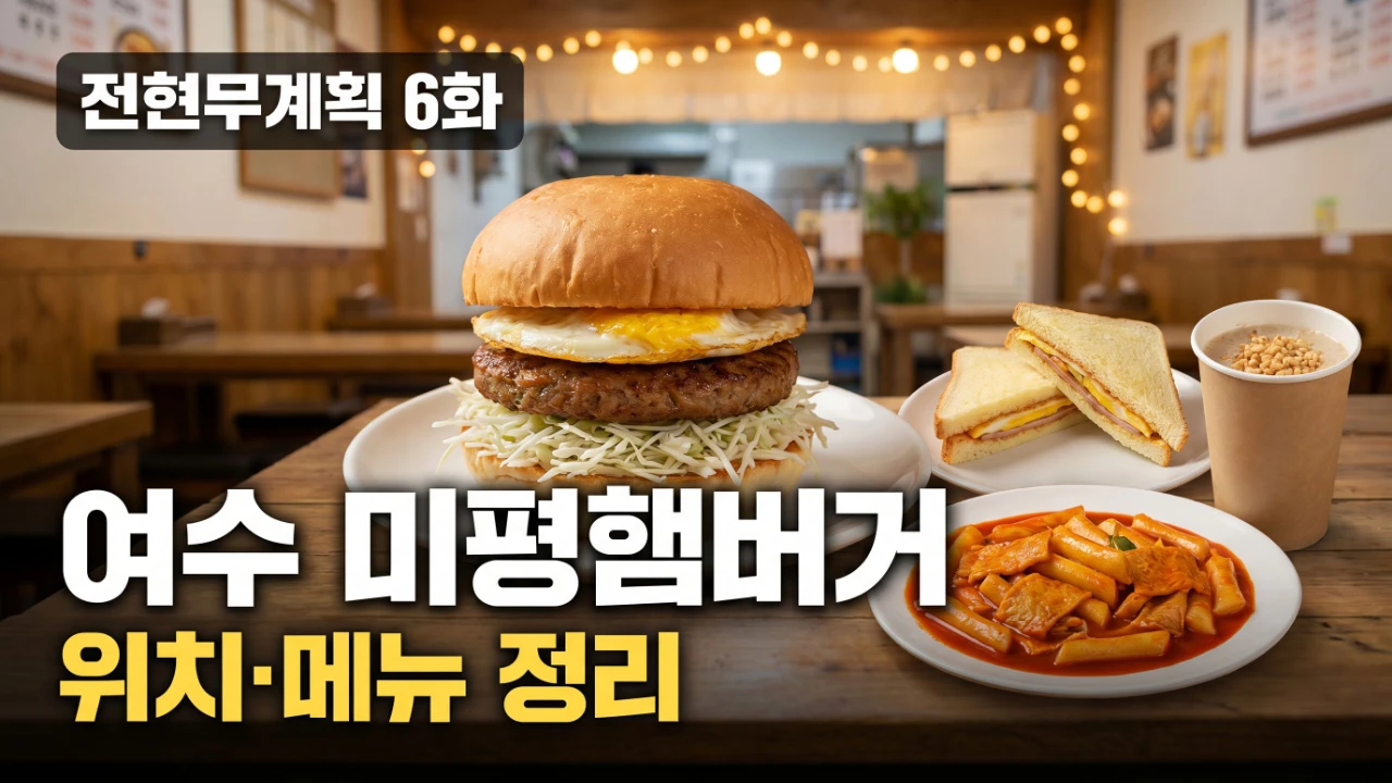 전현무계획 6화에 나온 여수 미평햄버거와 떡볶이, 샌드위치, 누룽지 셰이크를 담은 대표 이미지