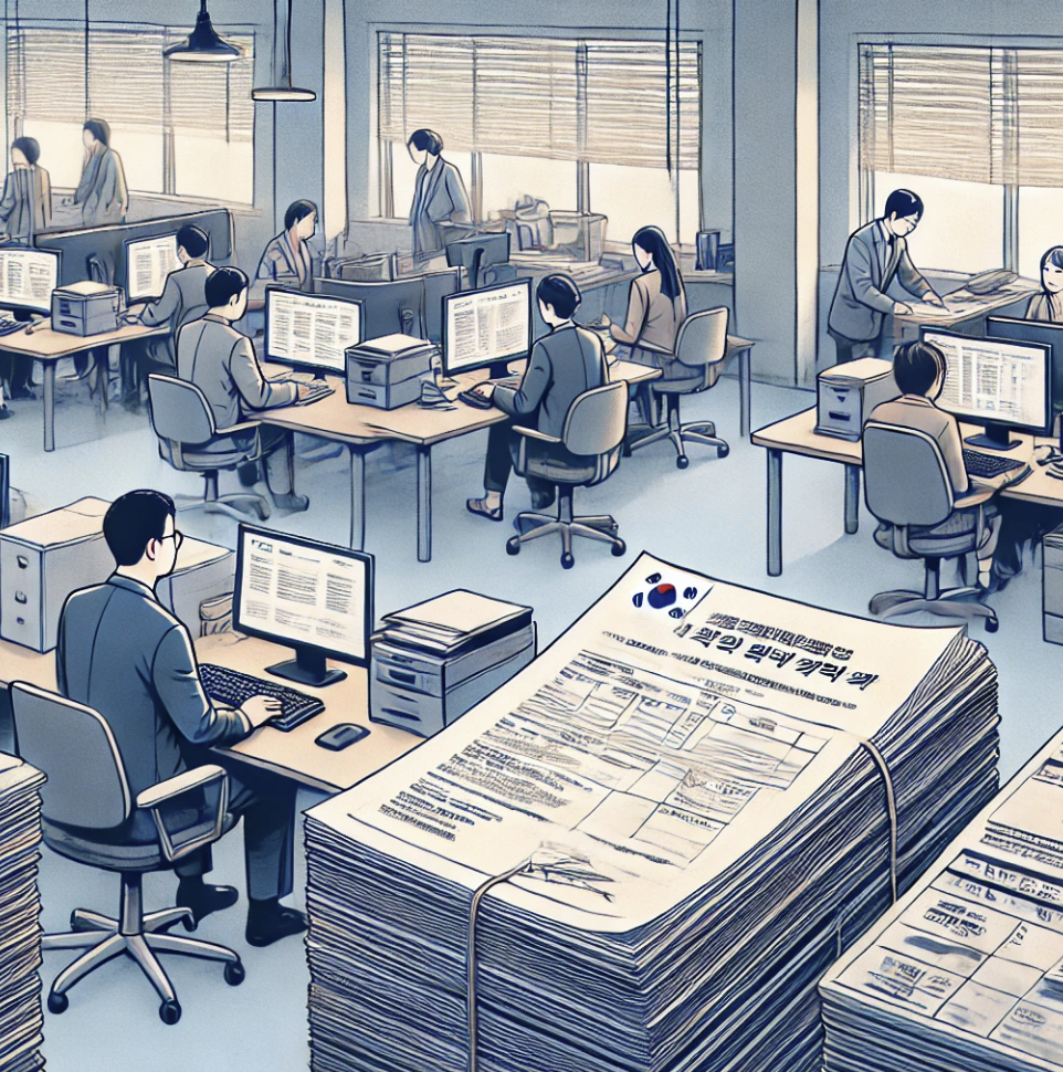 건강보험 등록 서류를 처리하는 모습