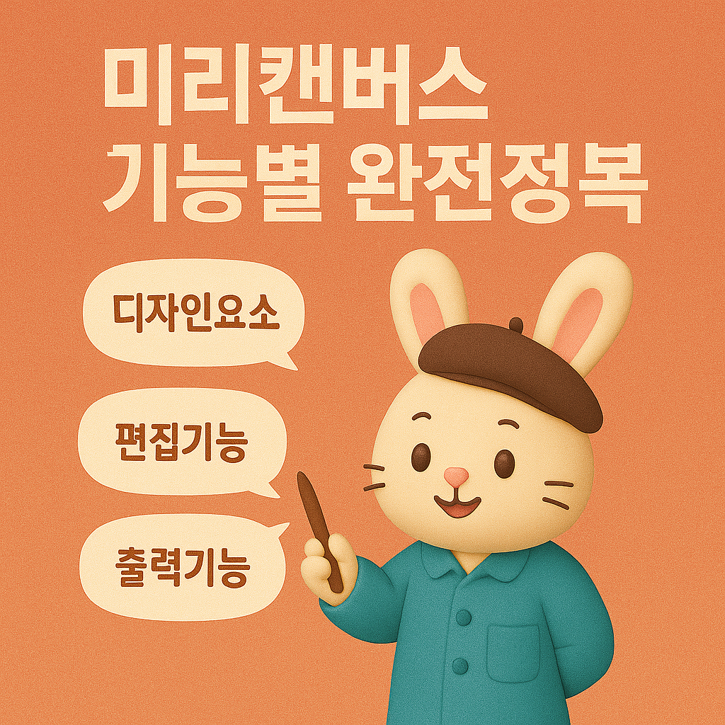 미리캔버스 기능별 완전 정복을 설명하는 토끼 캐릭터