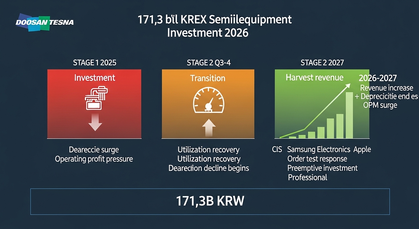 Doosan Tesna 171.3 billion KRW capex semiconductor test equipment investment timeline 2026 dark blue-gray background three stage horizontal flow chart left stage red zone label Stage 1 2025 Investment large industrial semiconductor test handler machine icon downward red arrow text depreciation surge operating profit pressure center stage amber zone label Stage 2 2025 Q3-Q4 Transition factory floor rising utilization gauge icon upward amber arrow text utilization recovery depreciation decline begins right stage green zone label Stage 3 2026-2027 Harvest revenue bar chart rising steeply bright green arrow text revenue increase plus depreciation end equals OPM surge bottom banner 171.3B KRW CIS test equipment Samsung Electronics Tesla Apple order response preemptive investment professional dark blue-gray tone English labels only
