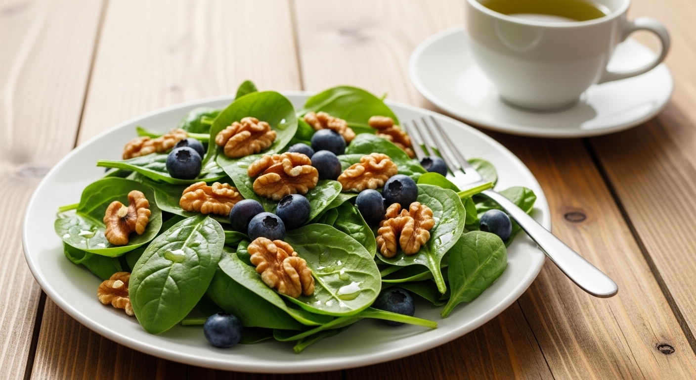 시금치, 블루베리, 견과류가 들어간 다채로운 샐러드와 녹차 한 잔