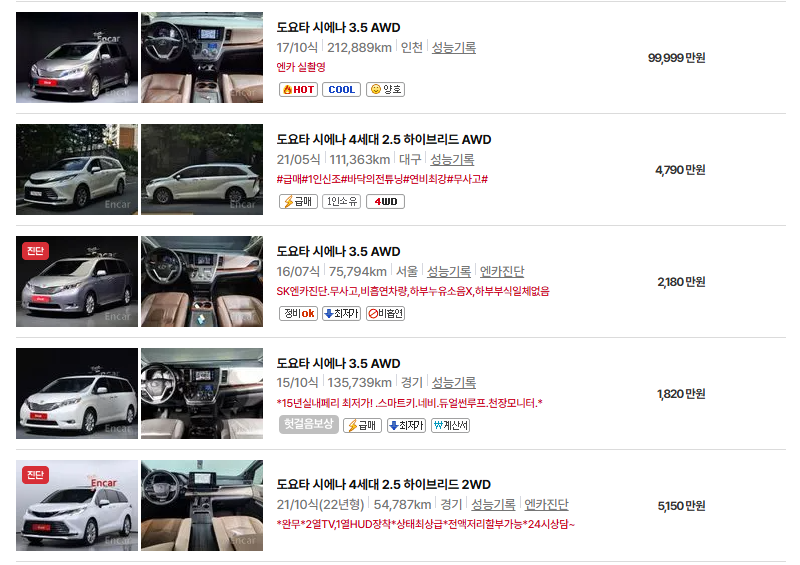 도요타 시에나 중고차 가격 시세표 연비