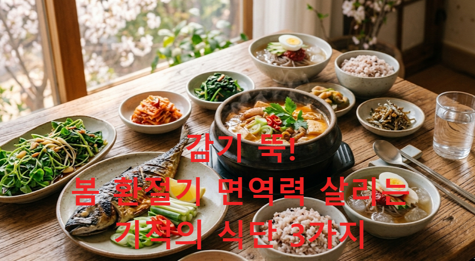 따뜻한 봄 햇살이 비치는 식탁 위 신선한 봄나물 무침과 두부 된장국, 고등어구이가 정갈하게 차려진 건강한 밥상.