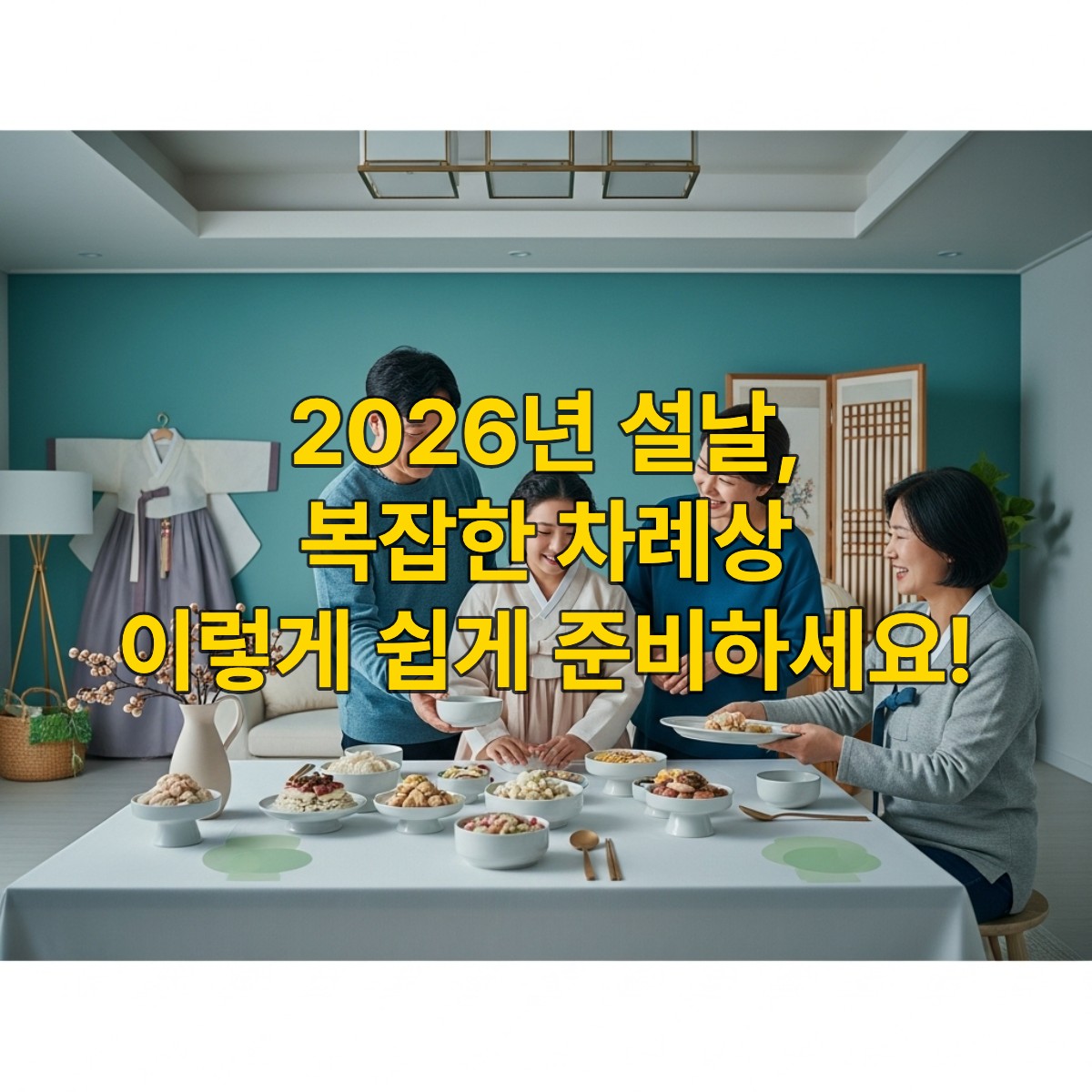 2026년 설날, 간소화된 차례상을 행복하게 준비하는 현대 한국인 가족의 모습