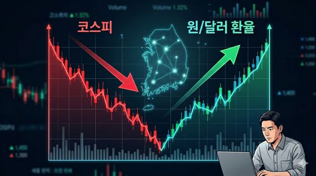 코스피 하락 시 달러 투자와 주식 투자를 비교하는 그래프 이미지