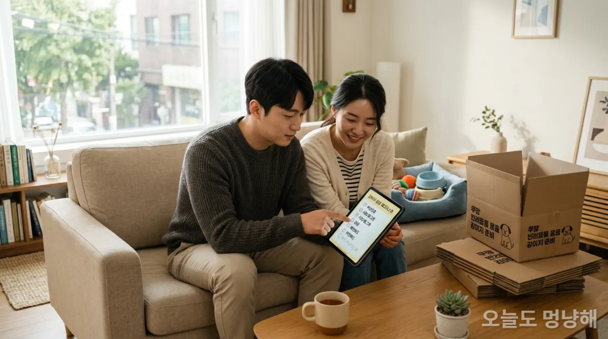 강아지 입양 전 체크리스트를 진지하게 확인하는 한국인 부부의 모습