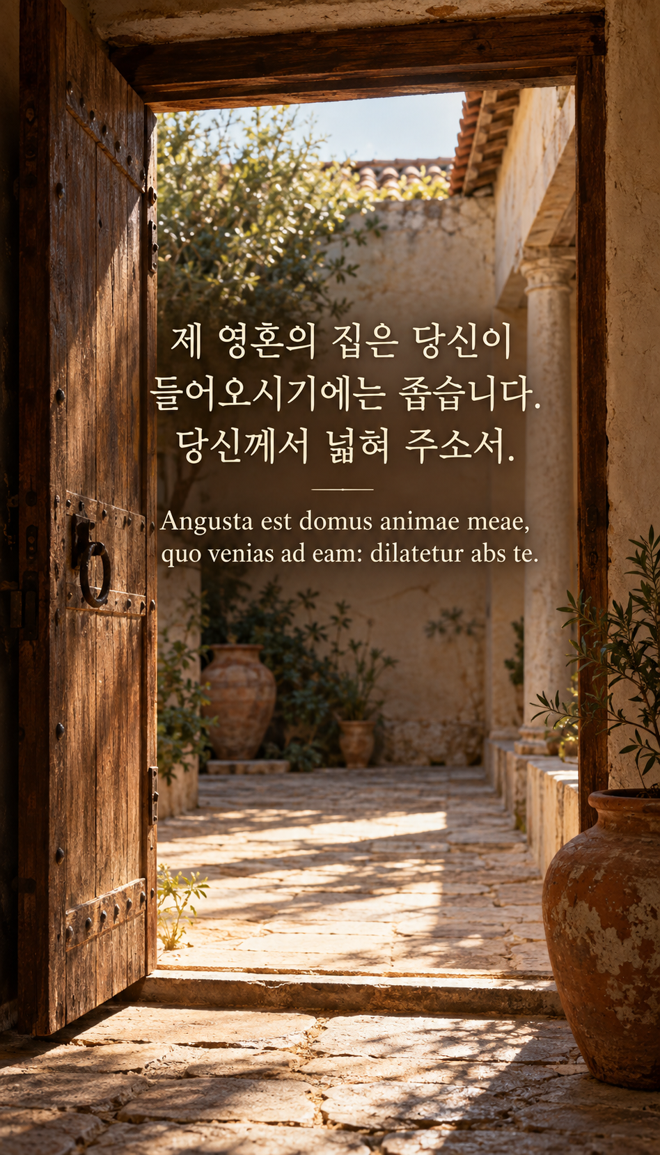 제 영혼의 집은 당신이 들어오시기에는 좁습니다. 당신께서 넓혀 주소서. — 로마 후기 북아프리카의 안뜰집과 열린 문, 당시 배경의 아날로그 필름 사진풍