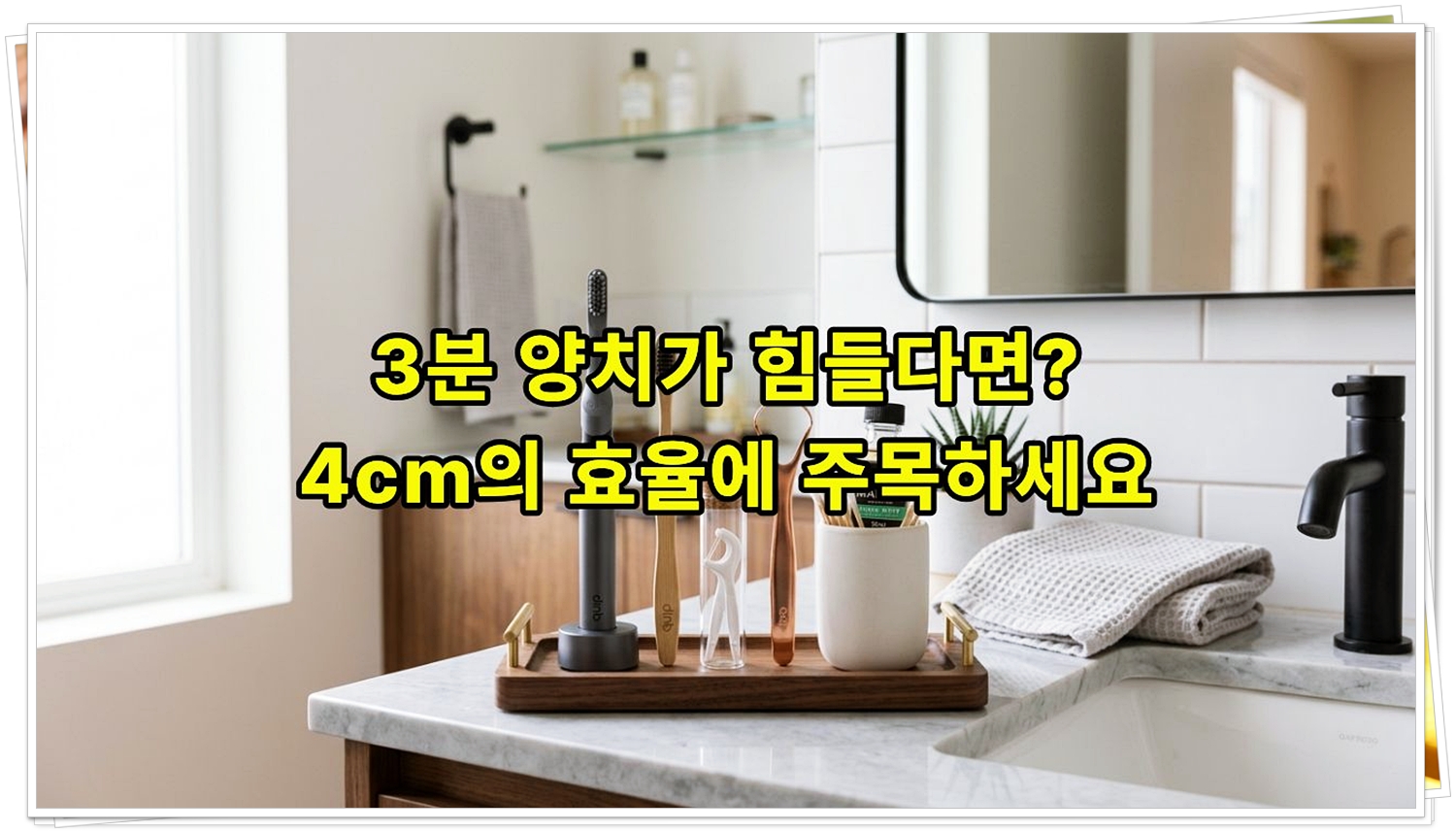 모던하고 깔끔한 욕실 인테리어를 배경으로 세련된 디자인의 구강 세정 도구들이 정갈하게 놓여 있는 고해상도 사진