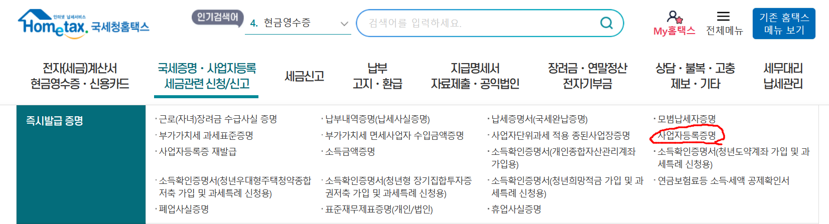 사업자등록증명원 탭열기