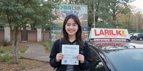 운전면허학원에서 면허를 취득하고 기념 촬영 중인 수강생