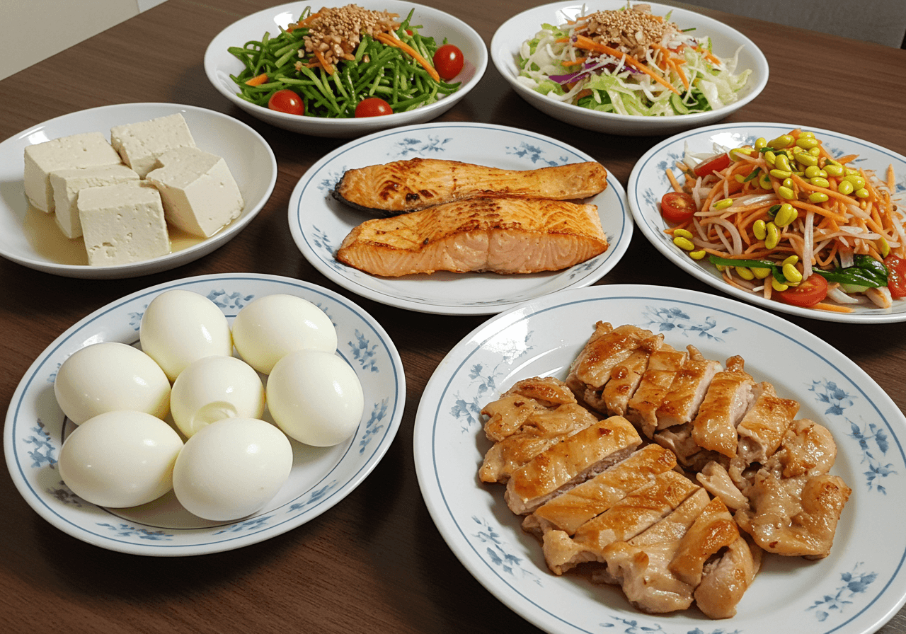 삶은 달걀, 두부, 구운 연어, 닭가슴살, 채소 샐러드가 함께 차려진 고단백 식단