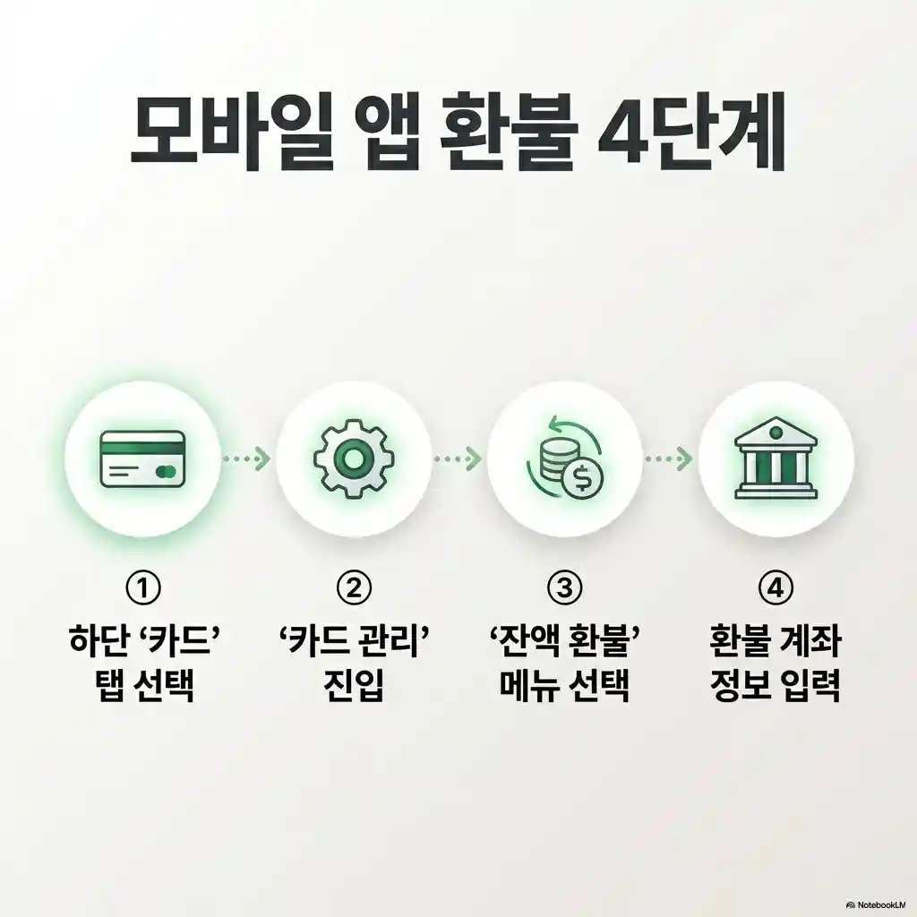 스타벅스 모바일 앱 잔액 환불 신청 4단계 - 카드 탭 선택 카드 관리 진입 잔액 환불 메뉴 계좌 정보 입력 순서