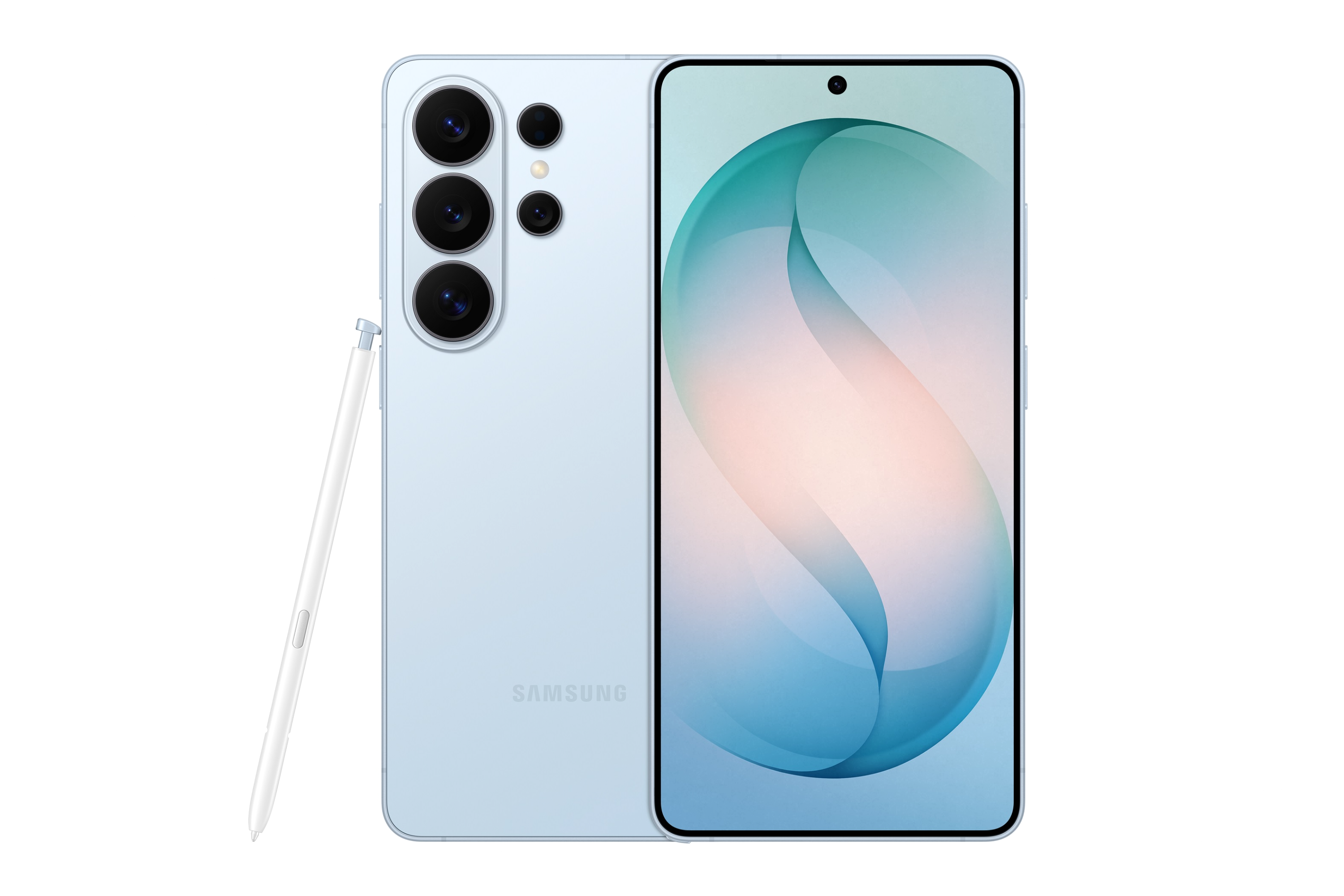 스카이 블루 색상의 삼성 갤럭시 S26 울트라 전면 디스플레이와 후면 카메라 디자인, 그리고 S펜