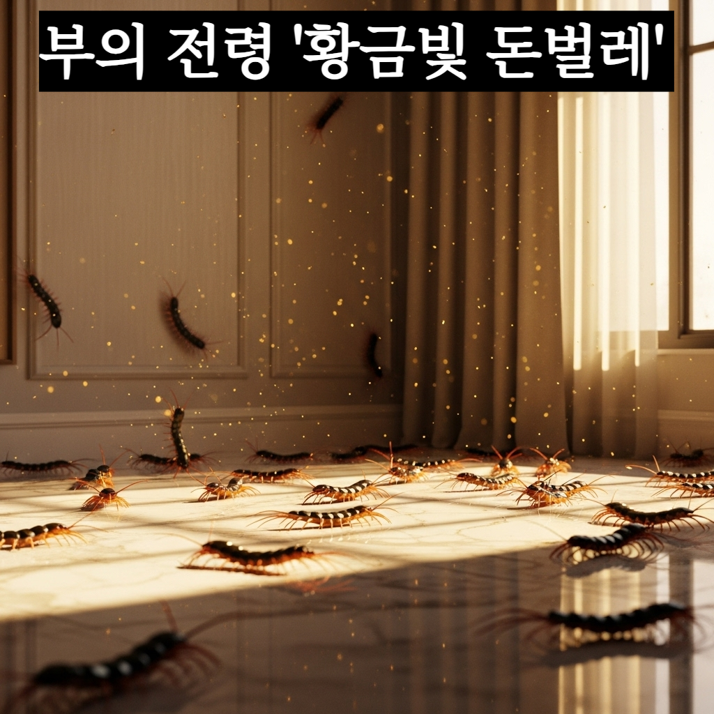 따뜻한 햇살이 비치는 거실 바닥과 벽면에 수많은 돈벌레들이 황금색 빛을 내뿜으며 평화롭게 기어 다니는 풍요로운 분위기의 일러스트