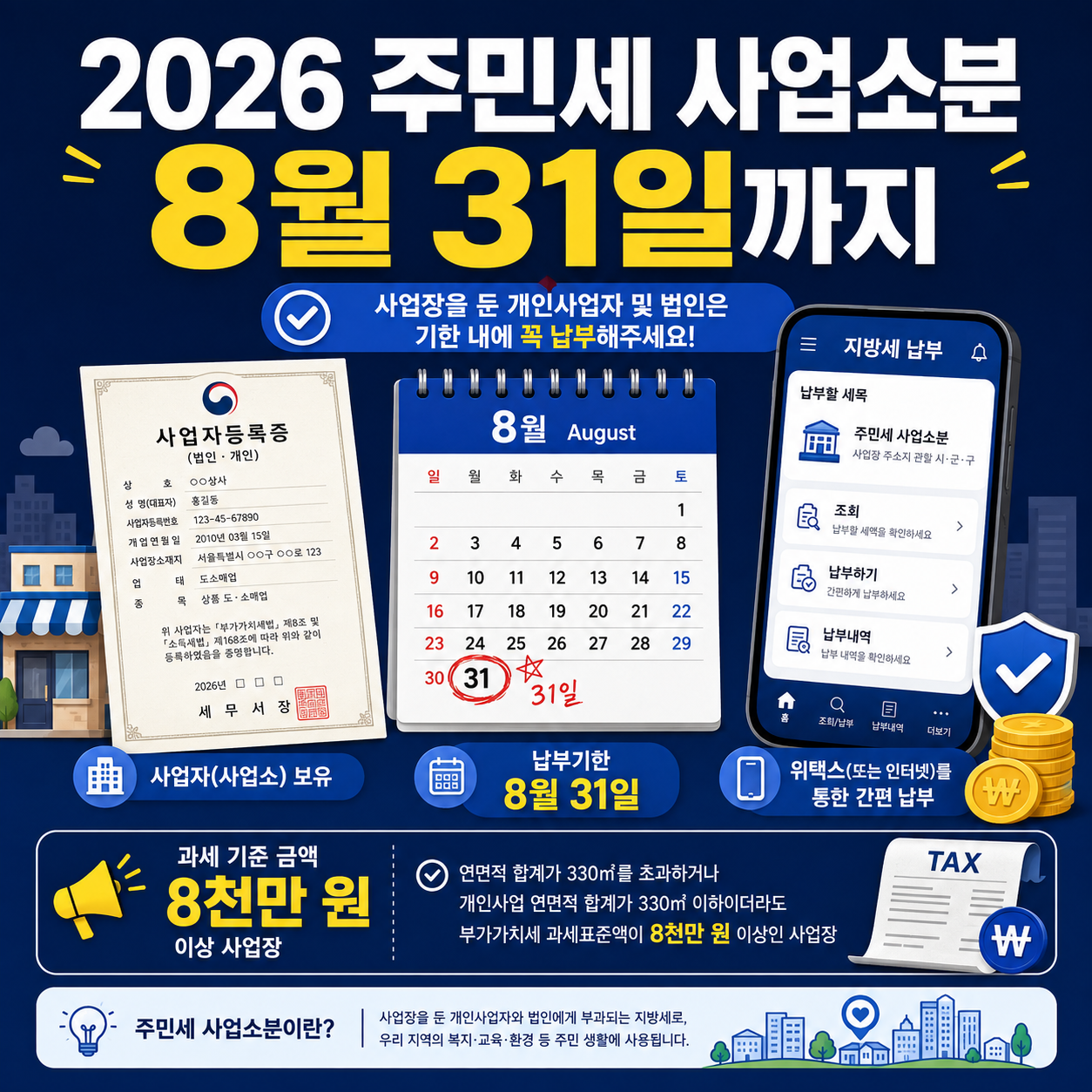 2026 주민세 사업소분 신고기간과 개인사업자 8천만 원 기준을 안내하는 대표 이미지