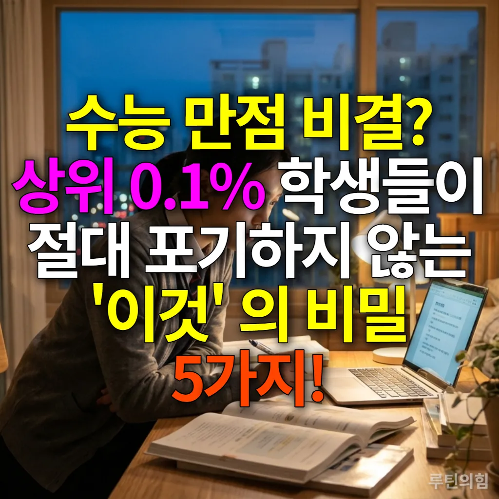 밤늦게까지 공부하며 수능 만점을 향해 노력하는 한국 고등학생의 모습