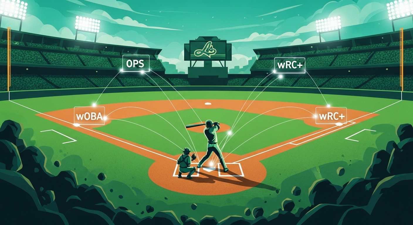 초록빛 야구 경기장, 타자가 힘차게 스윙하는 순간 위로 OPS, wOBA, wRC+ 등 타격 지표가 시각화되어 데이터 분석의 중요성을 상징하는 이미지.