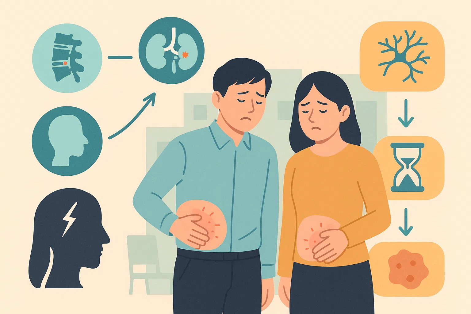 청년 대상포진이 다른 질환으로 오인되는 과정, 디스크, 요로결석, 편두통 아이콘과 함께 ‘오진 → 치료 지연 → 후유증’ 흐름도