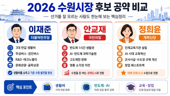 2026 수원시장 후보 공약 비교 이재준 안교재 정희윤 핵심정리