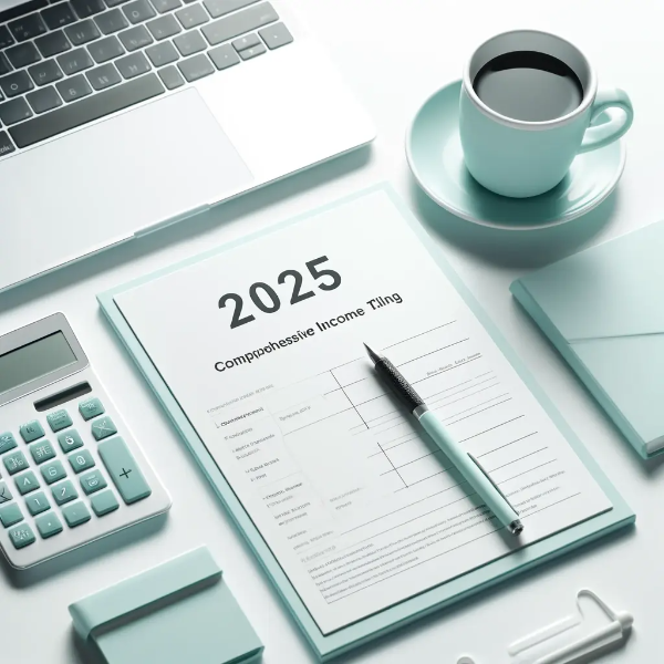 2025 종합소득세 신청을 상징하는 문서, 계산기, 노트북이 놓인 데스크 세팅