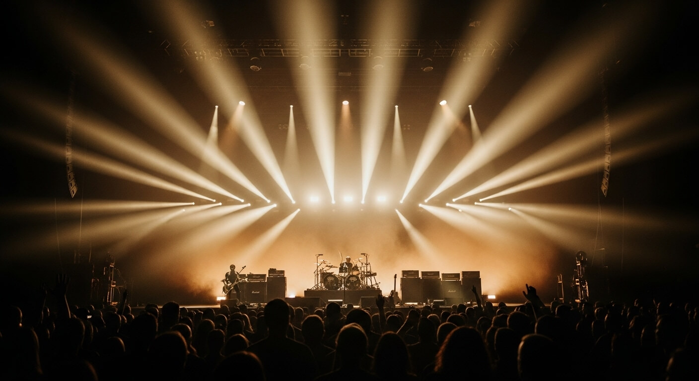 강렬한 조명 아래 공연 중인 밴드와 무대