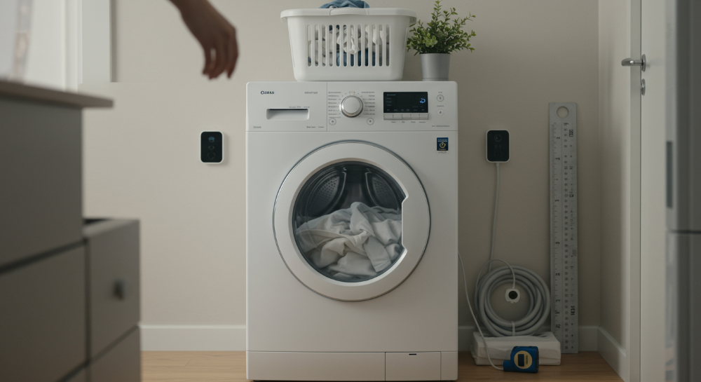 2025년 건조기 설치 전 필수 체크리스트를 시각적으로 보여주는 이미지. 깔끔하게 설치된 건조기와 함께 설치에 필요한 줄자, 전기 콘센트, 배수 호스 등이 정돈된 모습으로 배치되어 건조기 설치의 중요 요소를 강조한다.