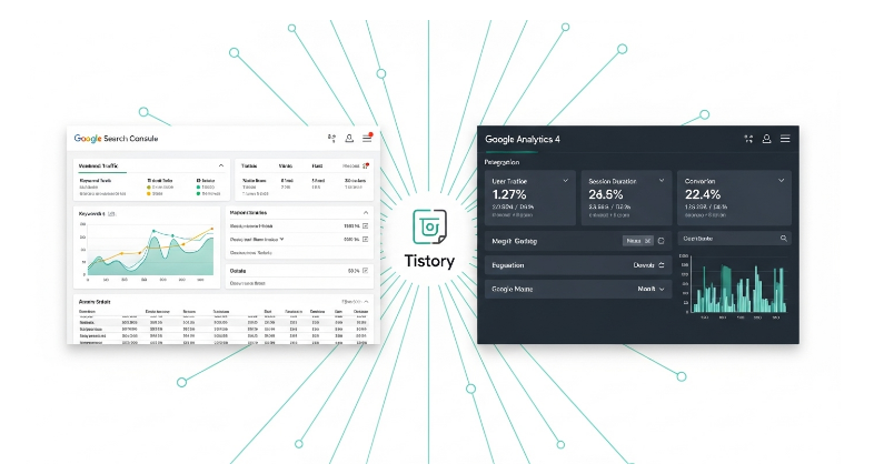구글 서치 콘솔과 애널리틱스(GA4) 대시보드가 티스토리 블로그와 연동되어 SEO 성과를 분석하는 모습