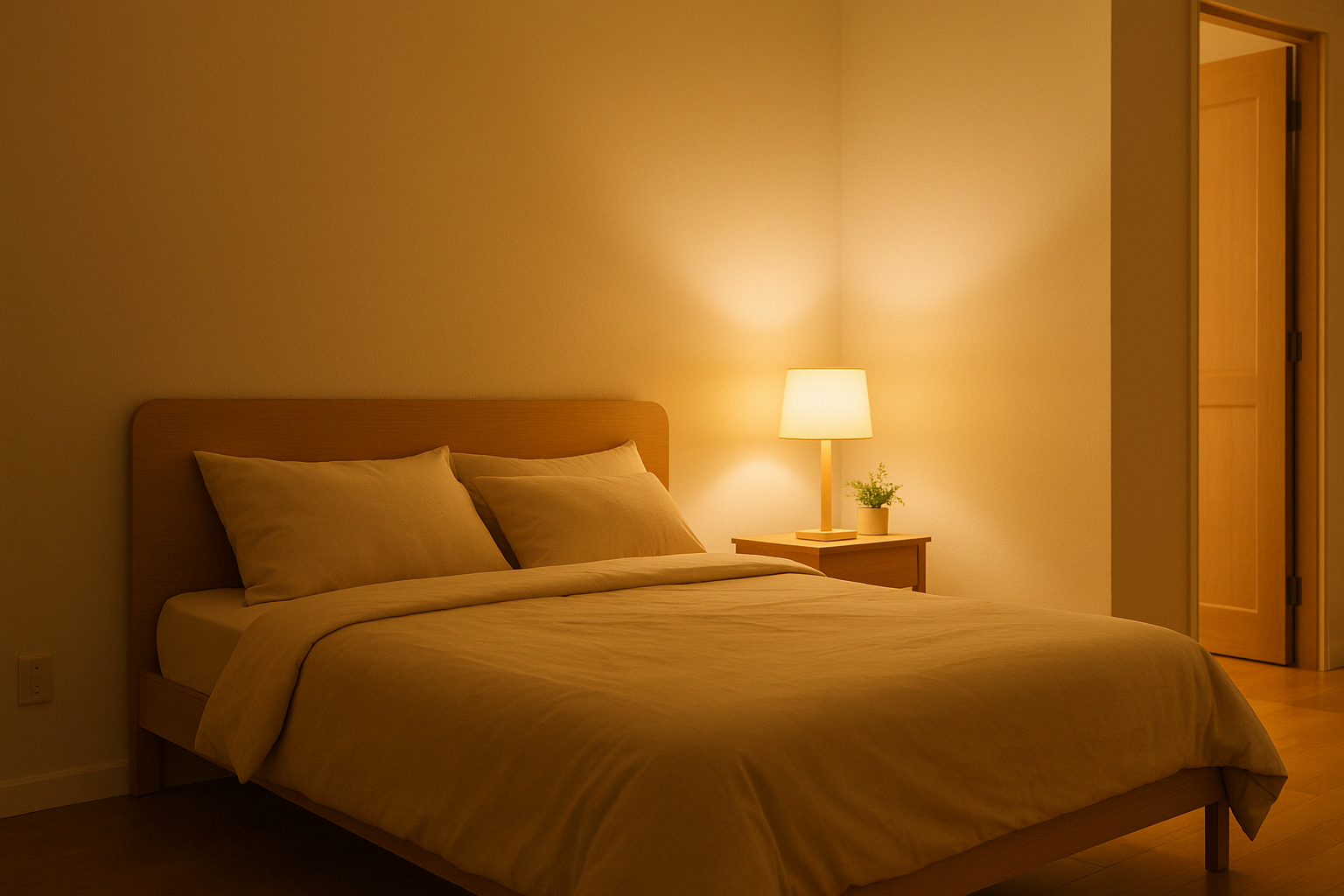 침대 머리가 벽 쪽을 향하고 문과 마주보지 않는 방향으로 배치된 침실