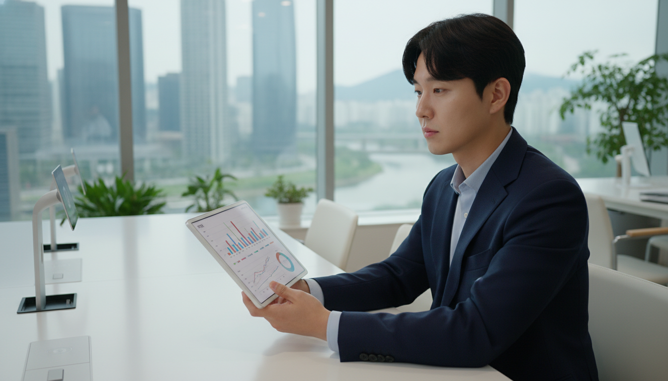 AI 재무 분석을 통해 저PBR 고ROE 기업을 심층 분석하는 한국인 전문가의 모습.