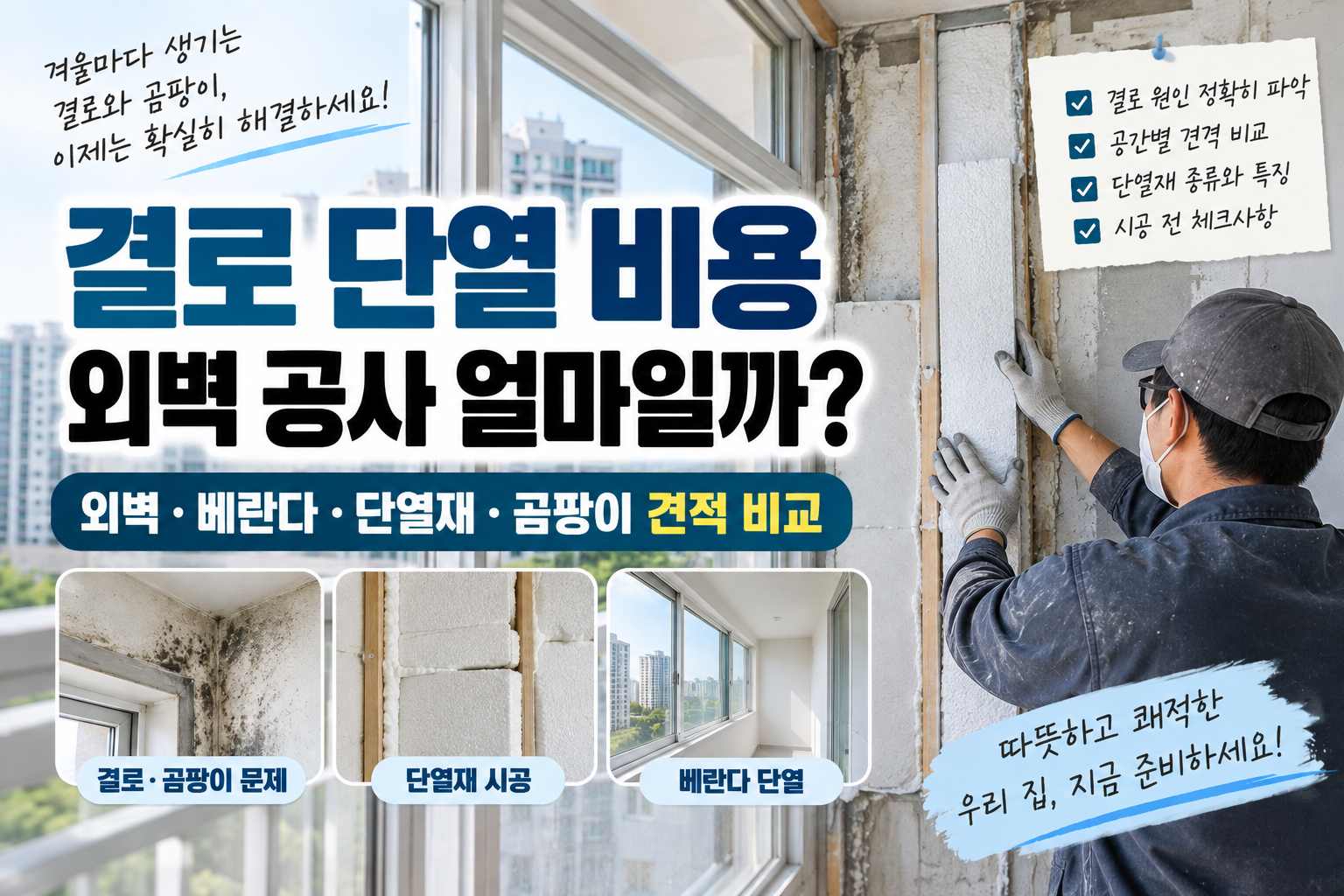 작업자가 아파트 외벽 안쪽의 결로 발생 부위를 점검하고 단열재를 보강하며 결로 단열공사 비용을 비교하는 모습