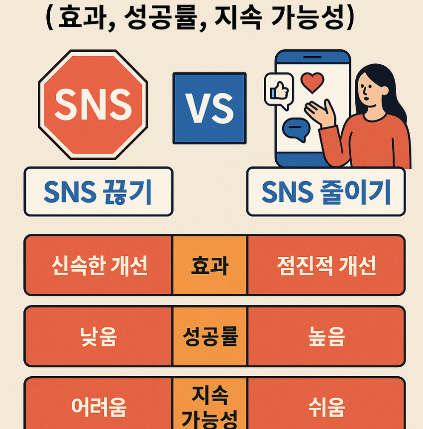 한쪽은 스마트폰을 멀리하는 사람, 다른 한쪽은 시간을 조절하며 사용하는 사람의 일러스트