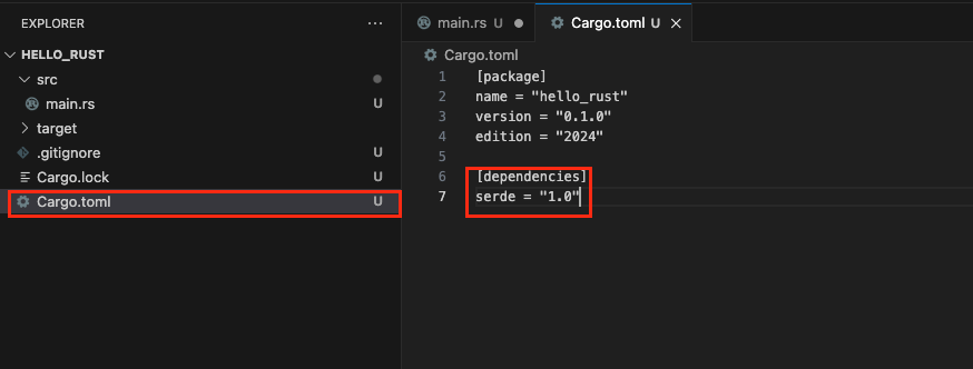 VS Code에서 Cargo.toml 파일 의존성 관리 화면