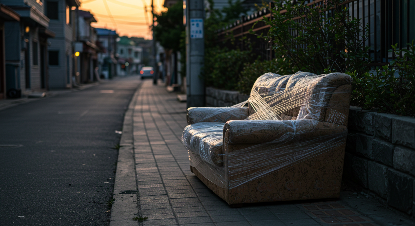 대형폐기물 수거를 기다리는 한국 거리의 포장된 소파