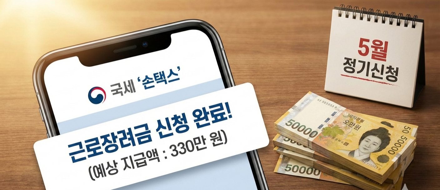 스마트폰 손택스 앱 화면과 함께 든든한 현금다발이 놓여있는 화면.