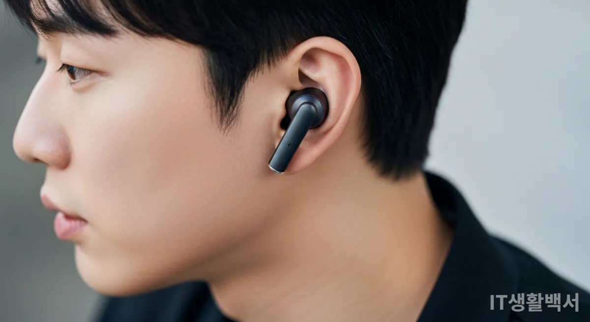 귀에 편안하게 착용된 무선 이어폰의 클로즈업 이미지
