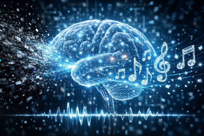 AI 오디오 엔진이 아티팩트를 제거하고 깨끗한 소스만을 추출하는 공정 이미지.