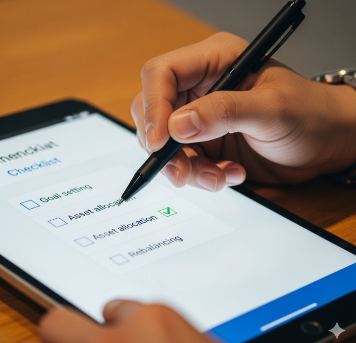디지털 태블릿 화면에 나타난 체크리스트를 펜으로 체크하고 있는 사람의 손. 체크리스트에는 '목표 설정', '자산 배분', '리밸런싱' 등의 항목이 적혀있다