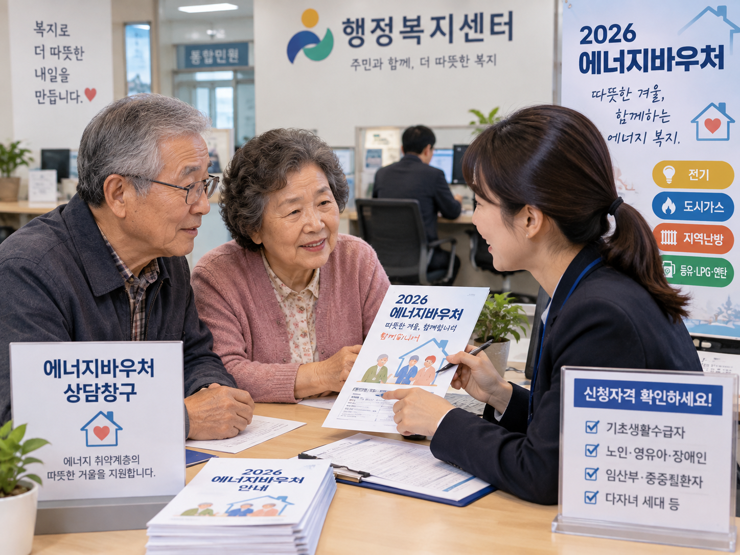 행정복지센터에서 에너지바우처 신청자격을 상담받는 어르신
