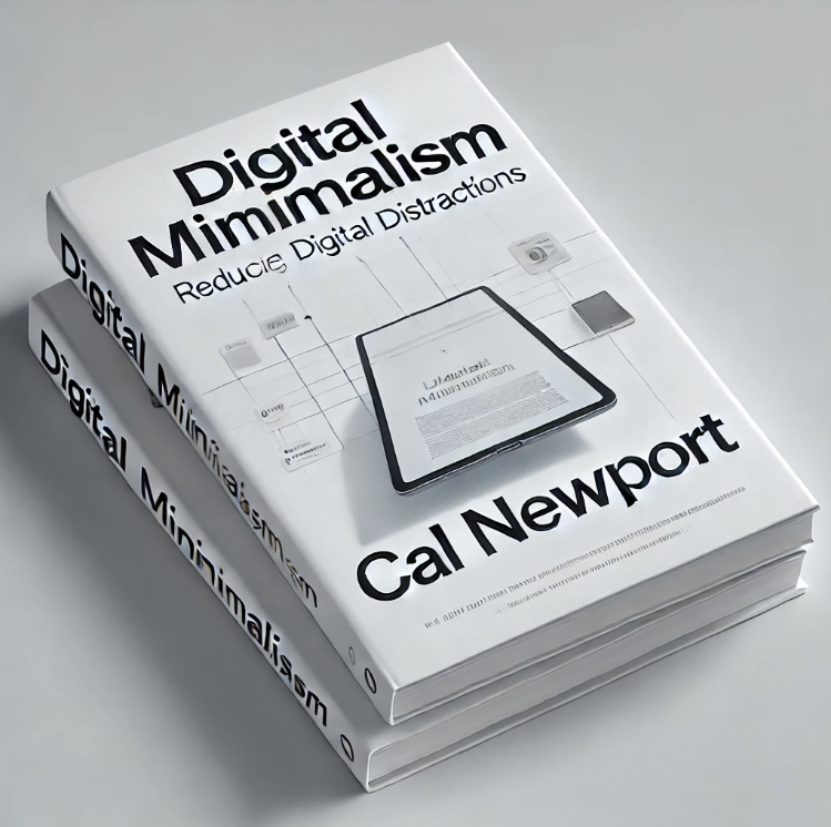 "칼 뉴포트의 '디지털 미니멀리즘' 책 표지. 심플한 디자인의 표지로, 깔끔한 흰색 배경에 디지털 테마를 반영한 그래픽이 포함되어 있다. 제목 'Digital Minimalism'이 눈에 띄게 배치되어 있으며, 저자 이름 'Cal Newport'가 아래쪽에 정렬된 디자인."`
