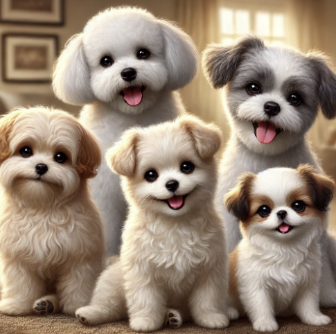 포메라니안 푸들 말티즈 치와와 시츄 5마리 아기 강아지들이 웃고있다