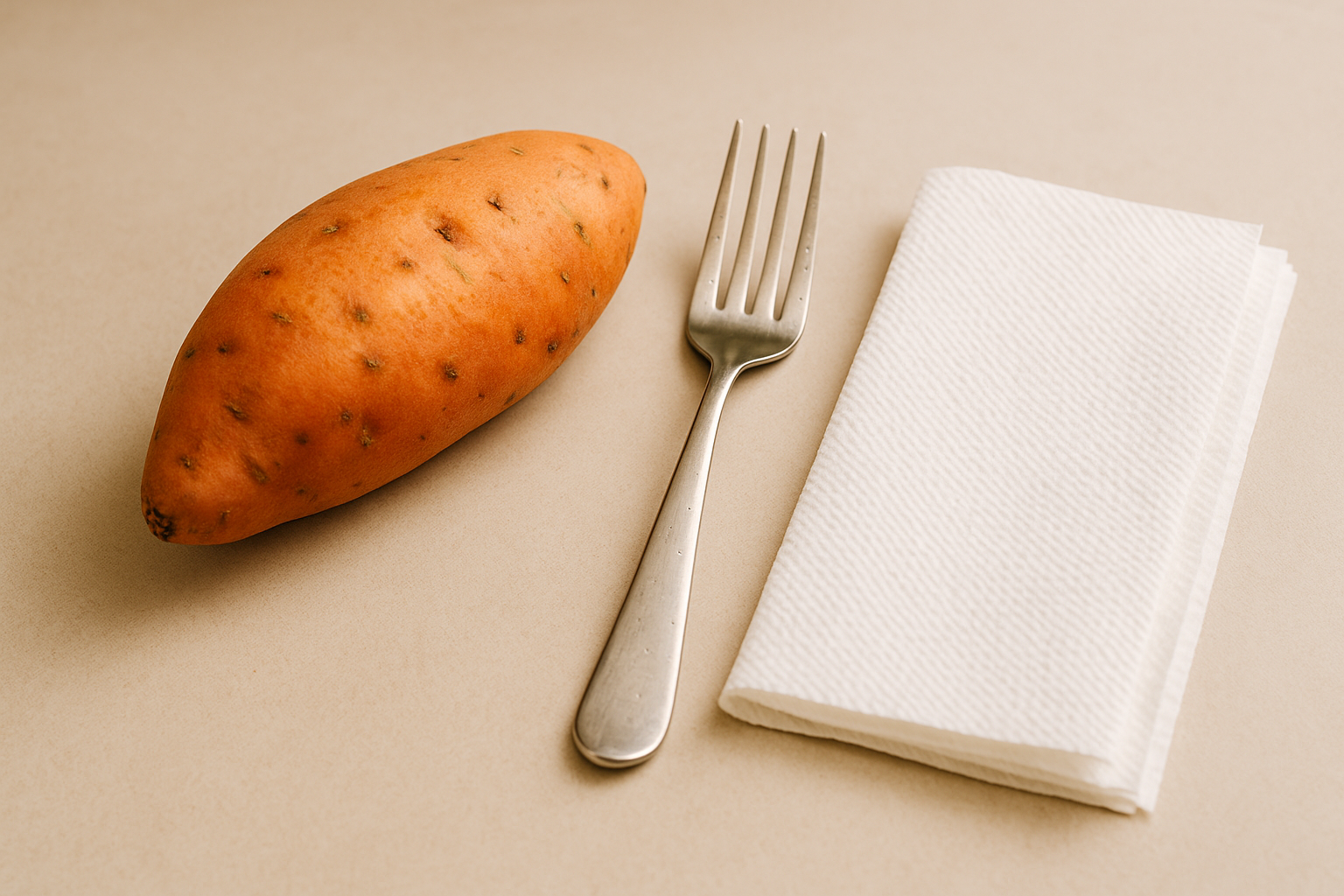 깨끗이 씻은 고구마 1개 + 포크 + 젖은 키친타월이 위생적이고 깔끔한 주방 상판(밝은 톤) 위에 정갈히 배치된 사진