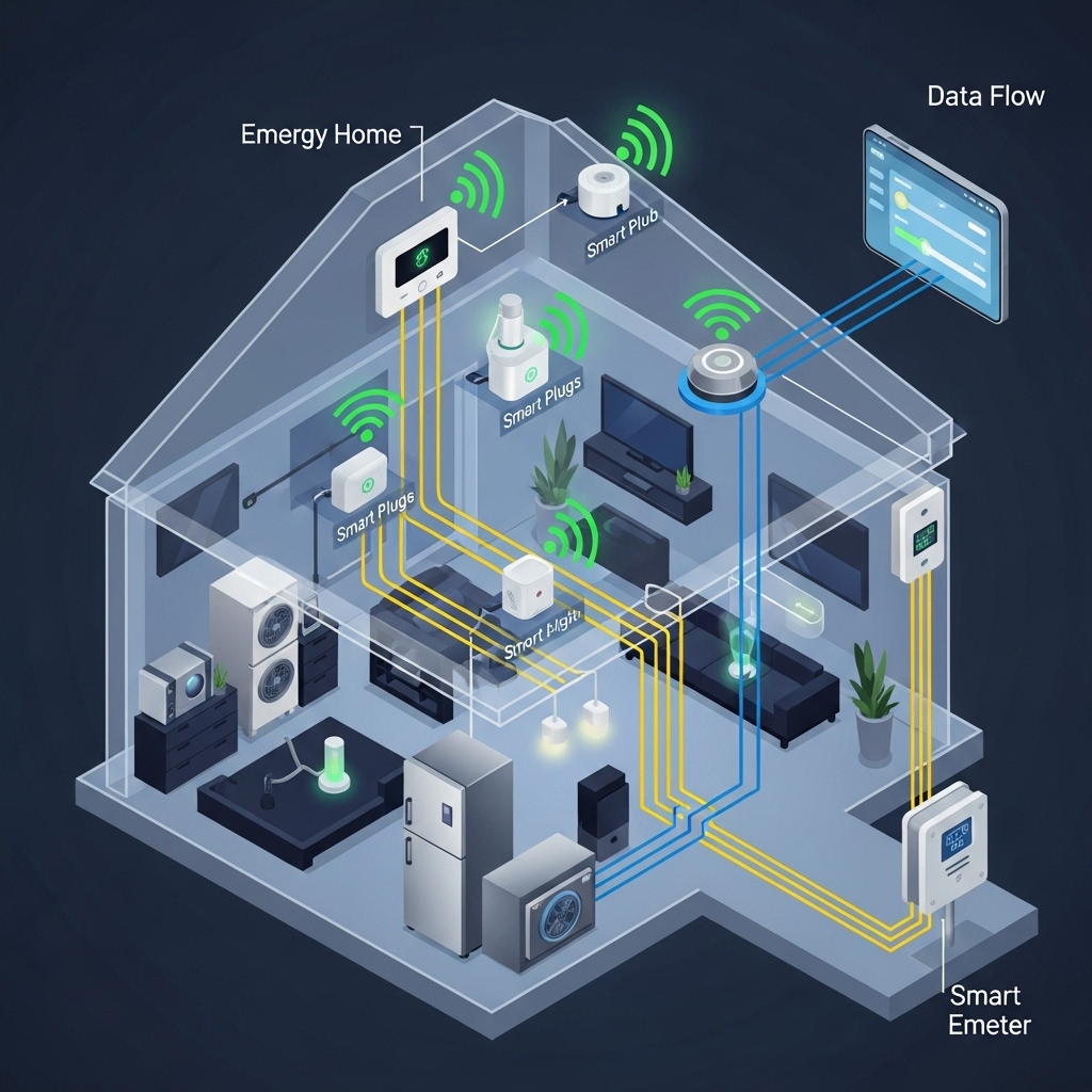 스마트 온도 조절기, 스마트 플러그, 센서 등 스마트 기기들이 연결되어 에너지 사용을 최적화하는 스마트홈 내부의 에너지 흐름 시각화.