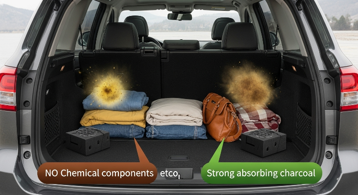 트렁크 구석과 시트 밑에 숯형 탈취제를 배치해 냄새를 흡착하는 모습