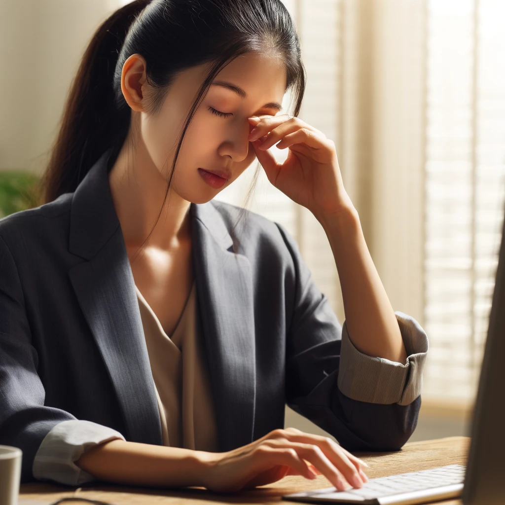 사무실 환경에서 눈을 비비는 여성의 모습